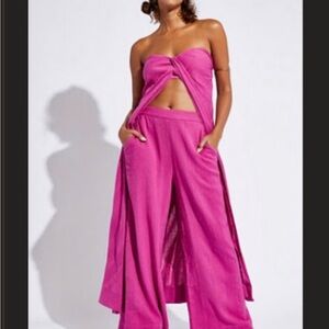 Vibrant Pink Strapless Jumpsuit with Cutout and Wide-Leg Pants